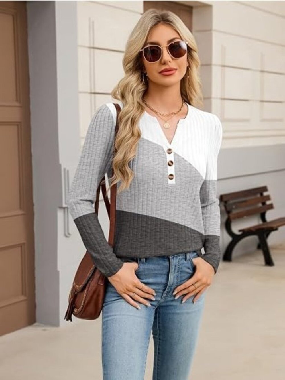 Ueal Size XL Sweater Henley Color Block White Gray V-Neck Button Long Sleeve - Picture 2 of 7